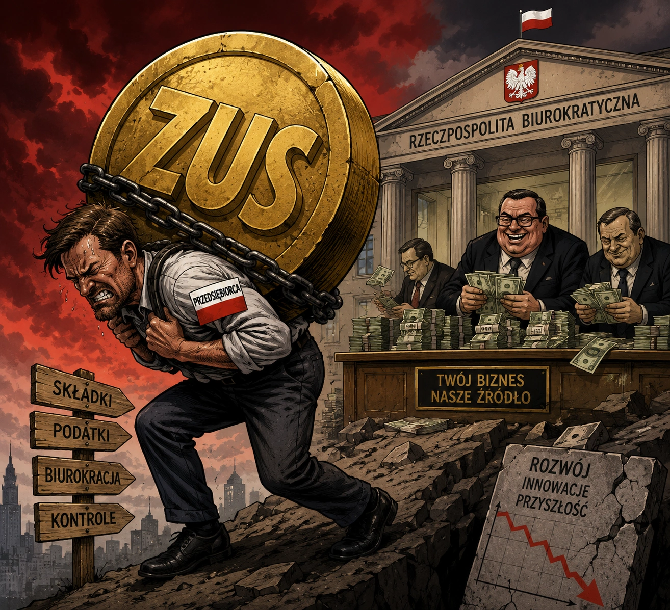 Przedsiębiorca dźwigający wielką monetę ZUS symbolizującą wysokie składki i obciążenia dla firm.
